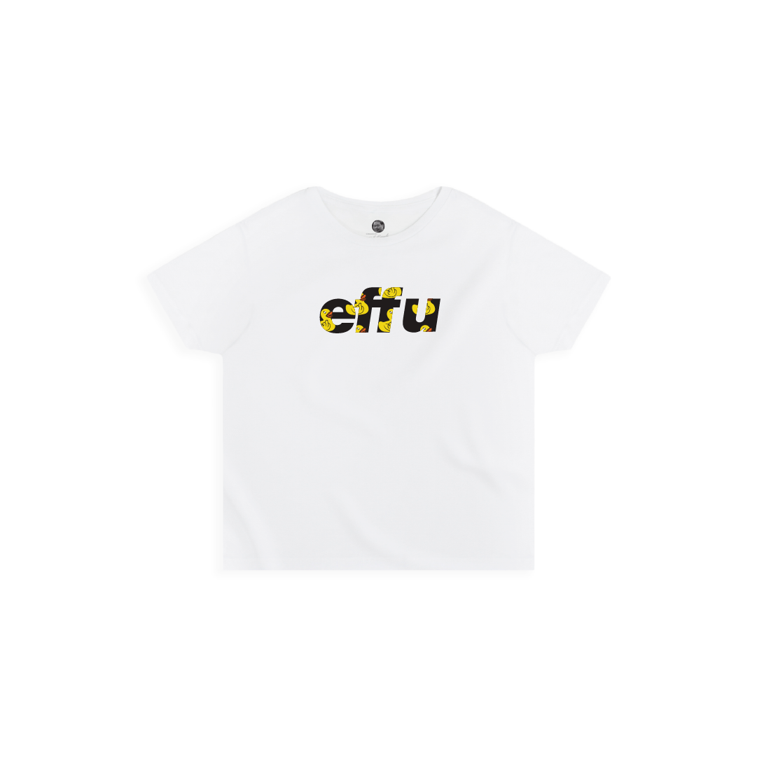 Womens white high waisted t-shirt with black 'effu' text design on a white background