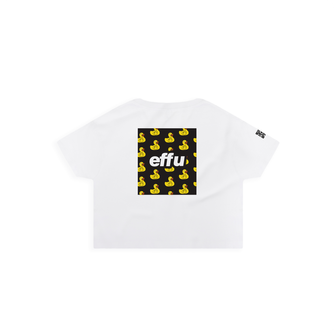 White crop top t-shirt with a black square design featuring yellow rubber ducks and the word 'effu' on a white background.