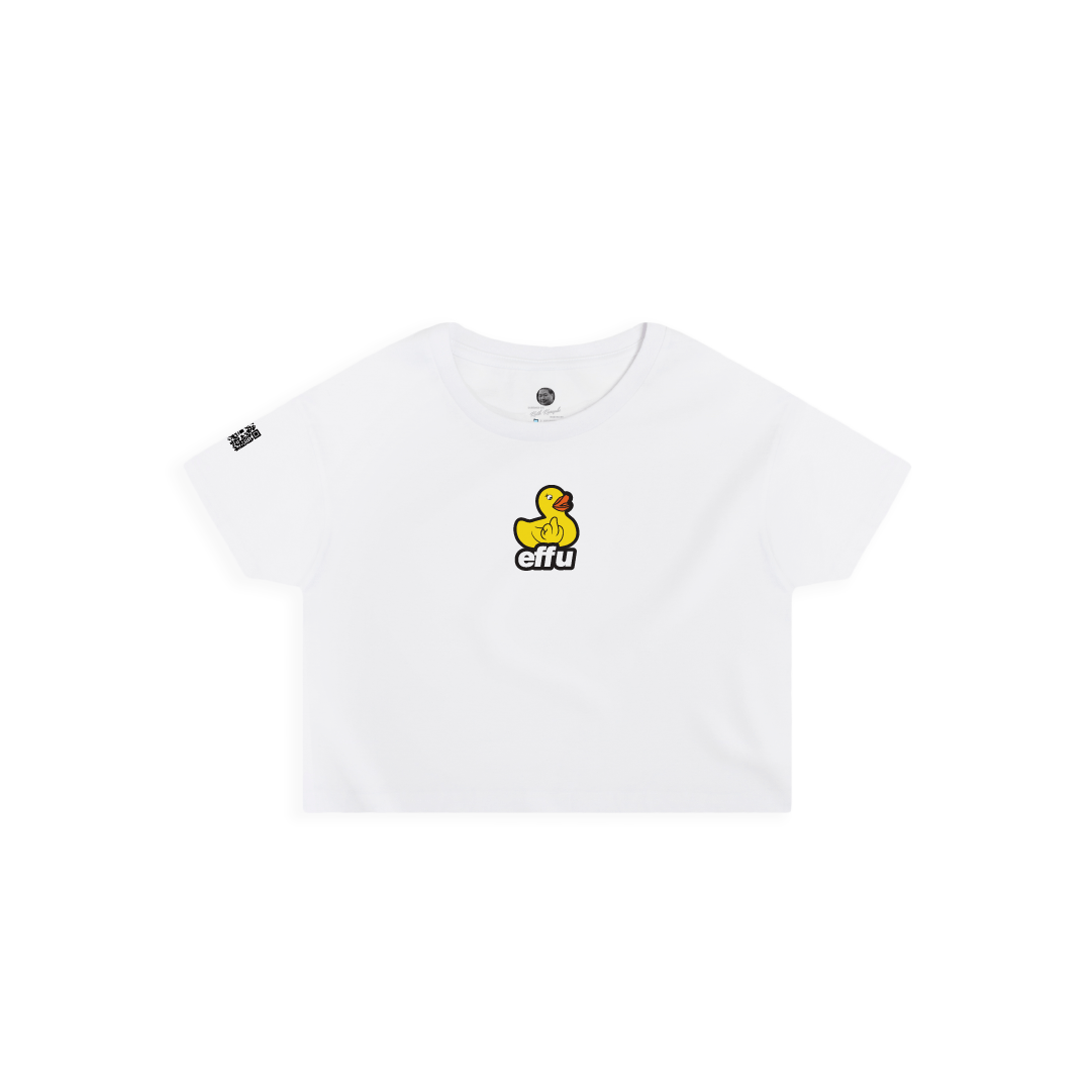 Front view of a womans white crop top t-shirt with a small yellow rubber ducky graphic and 'effu' text on a white background
