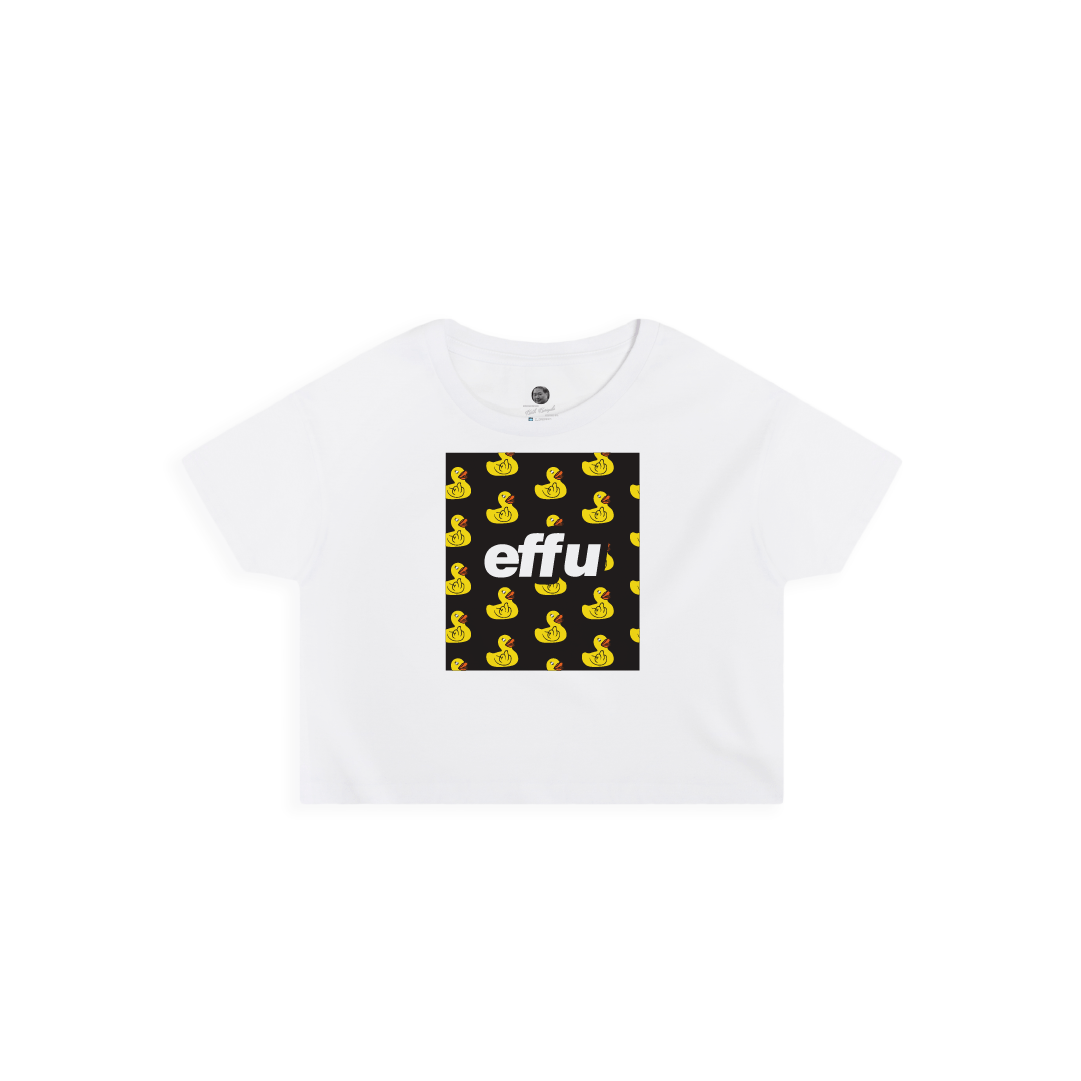 White crop top t-shirt with a black square featuring yellow rubber duck pattern and 'effu' text on a white background
