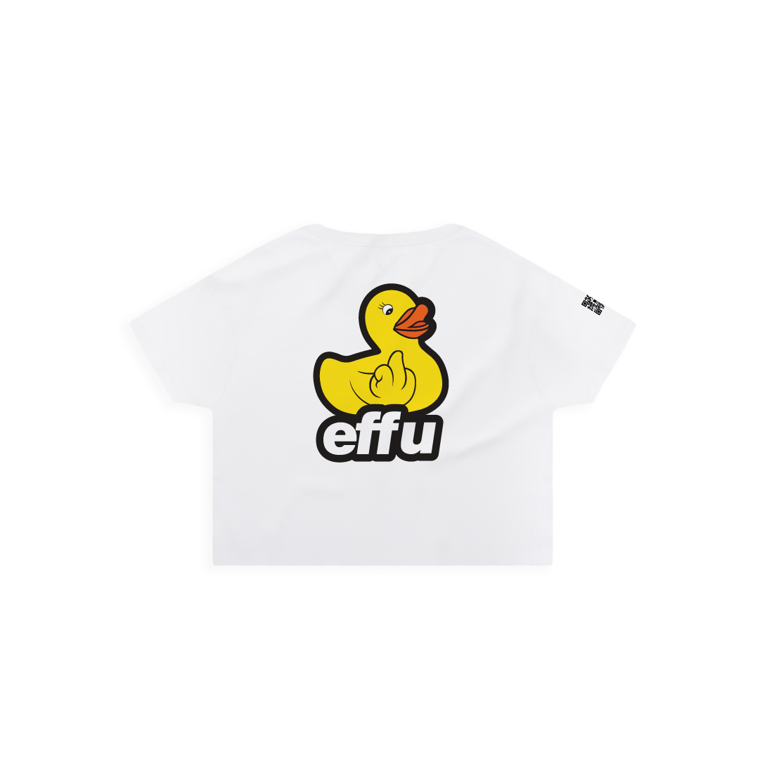 Rear view of a womans white crop top t-shirt with a large yellow rubber ducky graphic and 'effu' text on a white background