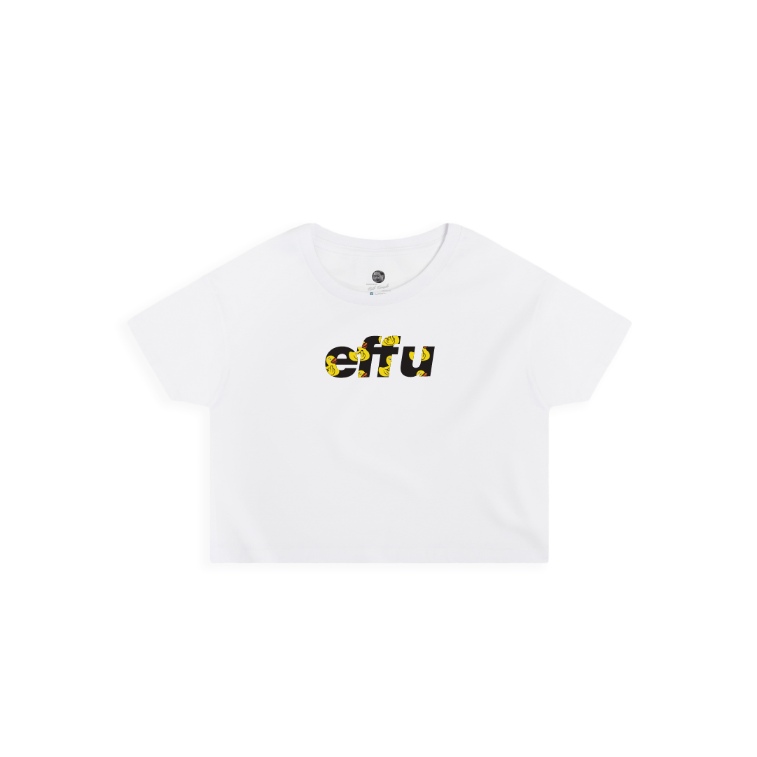 White crop top t-shirt with black 'effu' logo on a white background