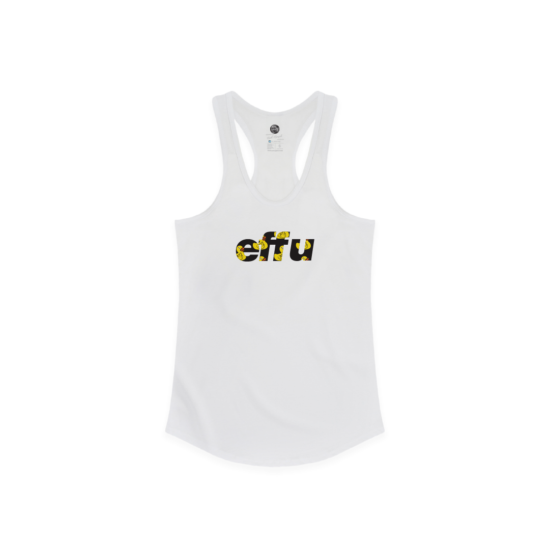 White tank top with 'elfu' rubber ducky logo on a white background
