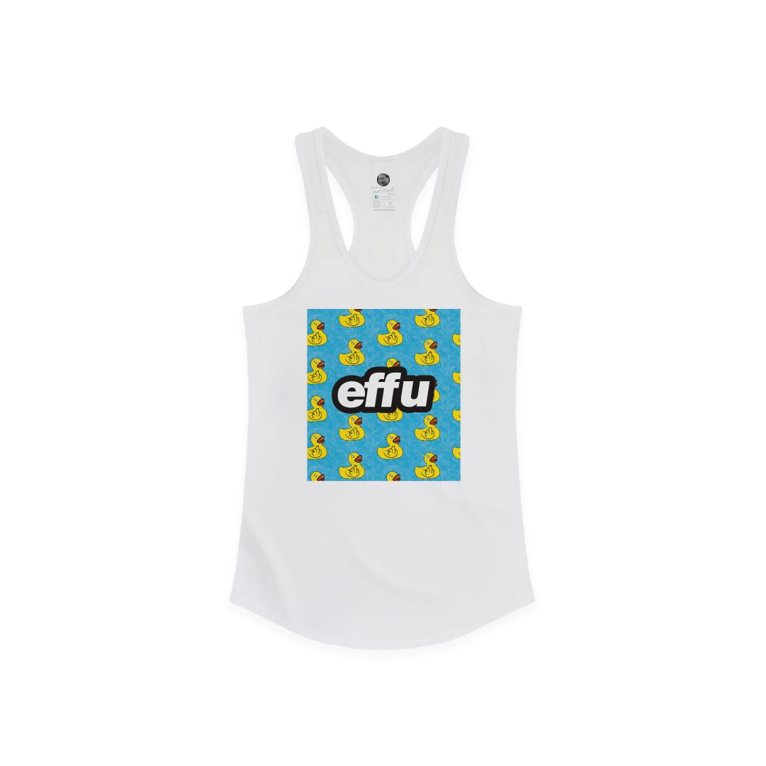White tank top with blue rubber duck pattern and 'effu' text on a white background