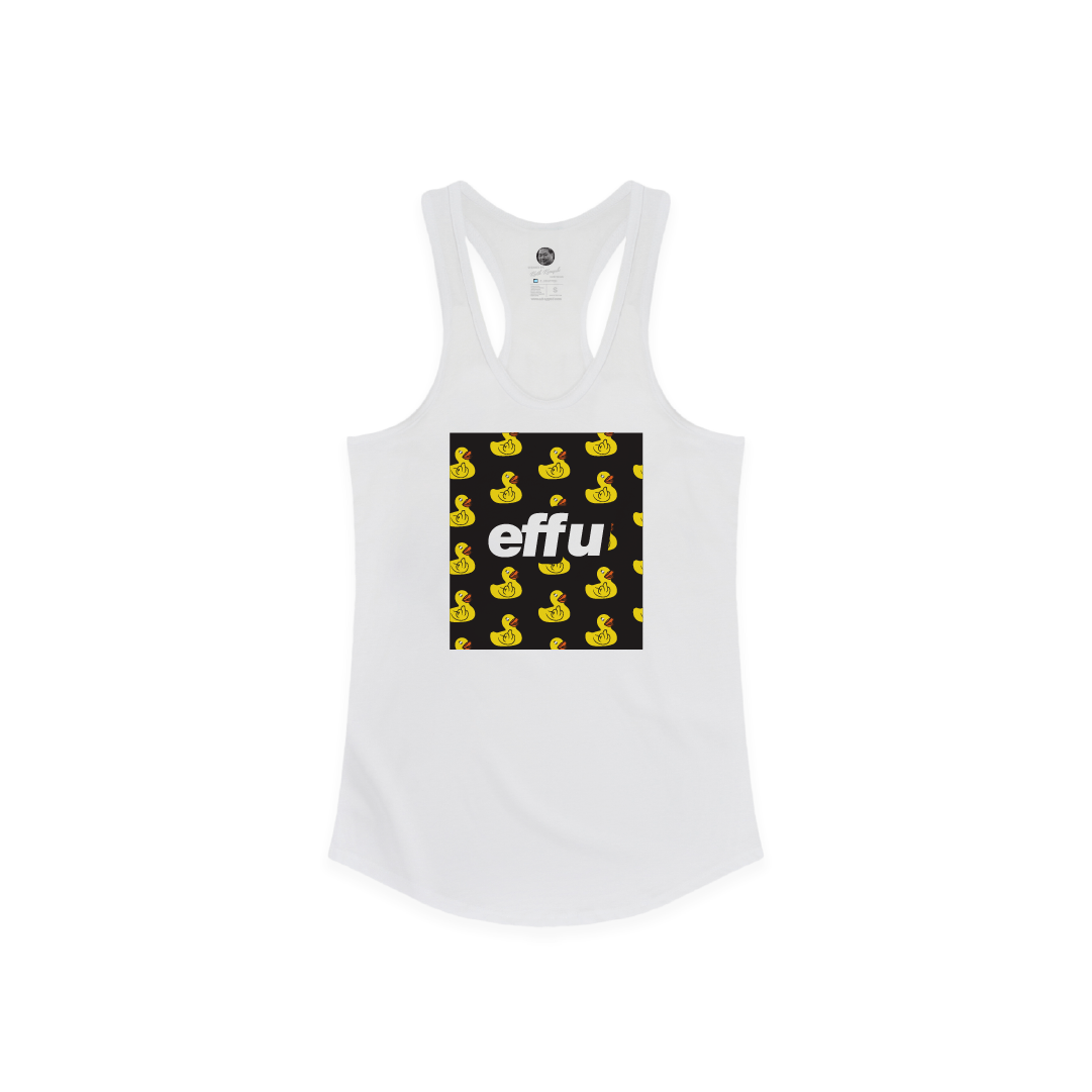 White tank top with yellow rubber duck pattern and 'effu' text on a white background