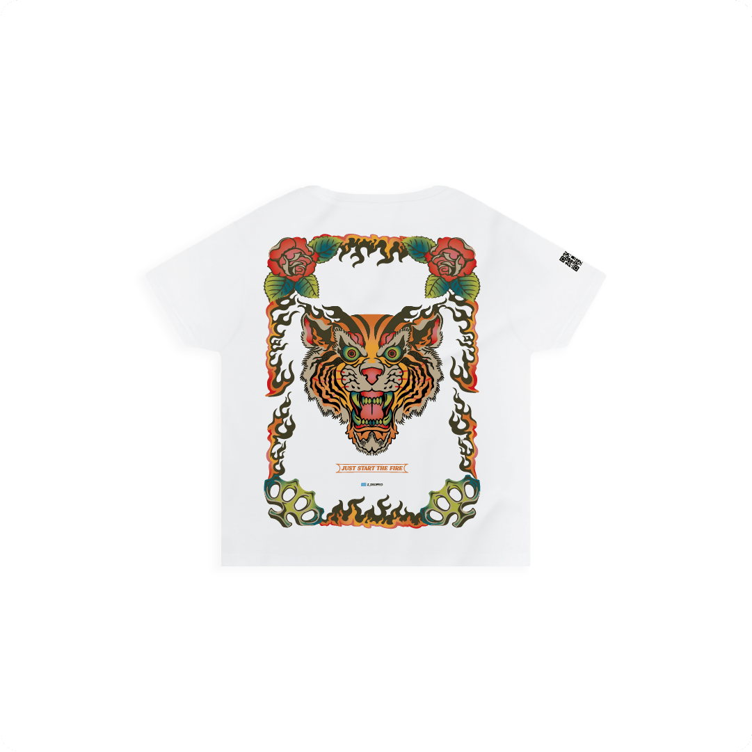 White womens high waist t-shirt with a tiger design on a white background