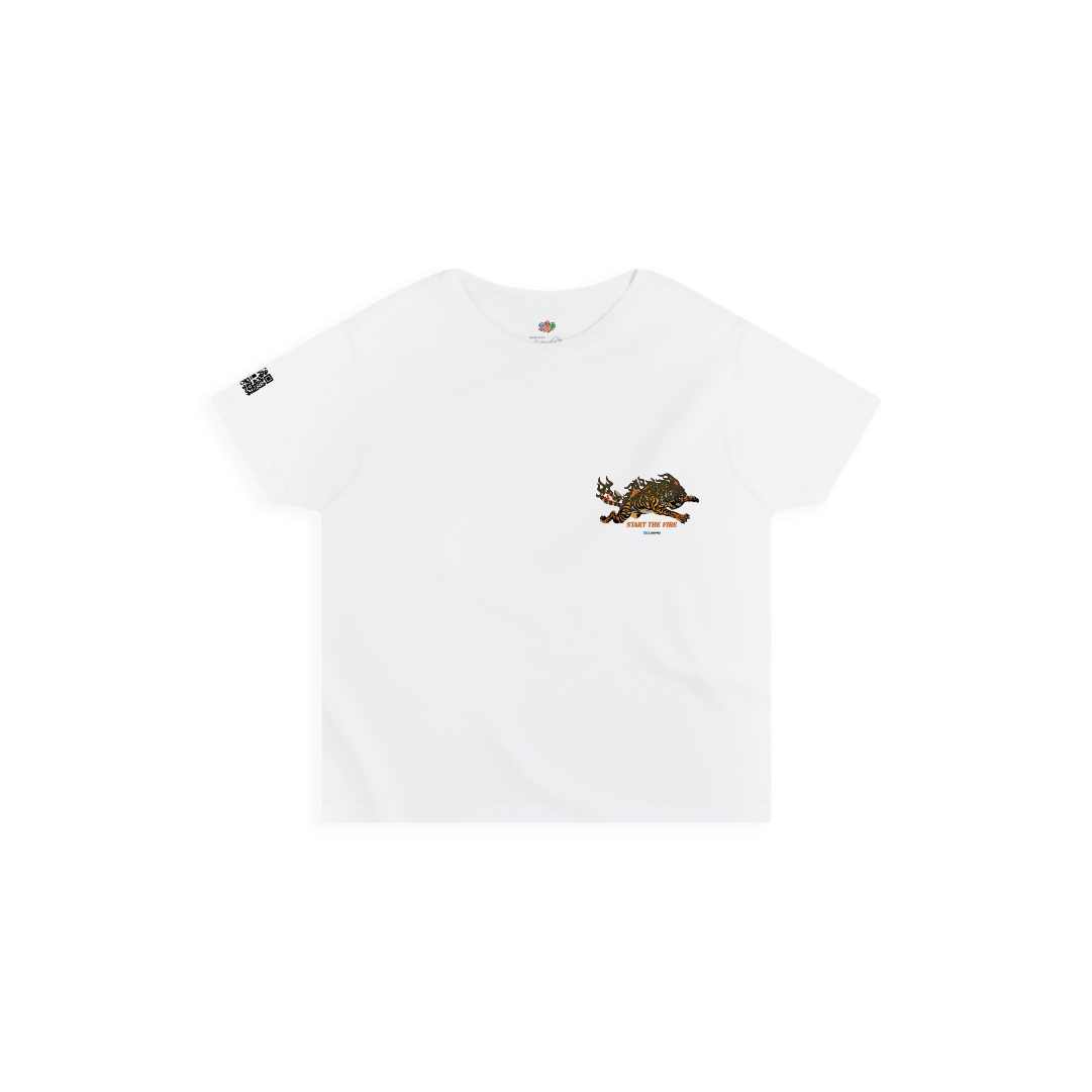 White womens high waist t-shirt with a small logo on a white background