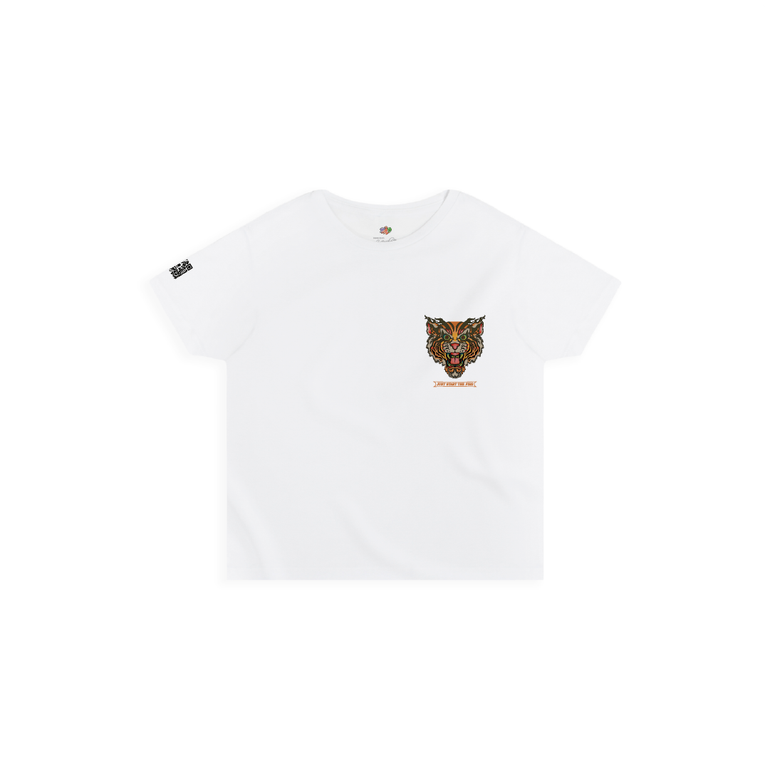 White womens high waist t-shirt with a tiger logo on a white background