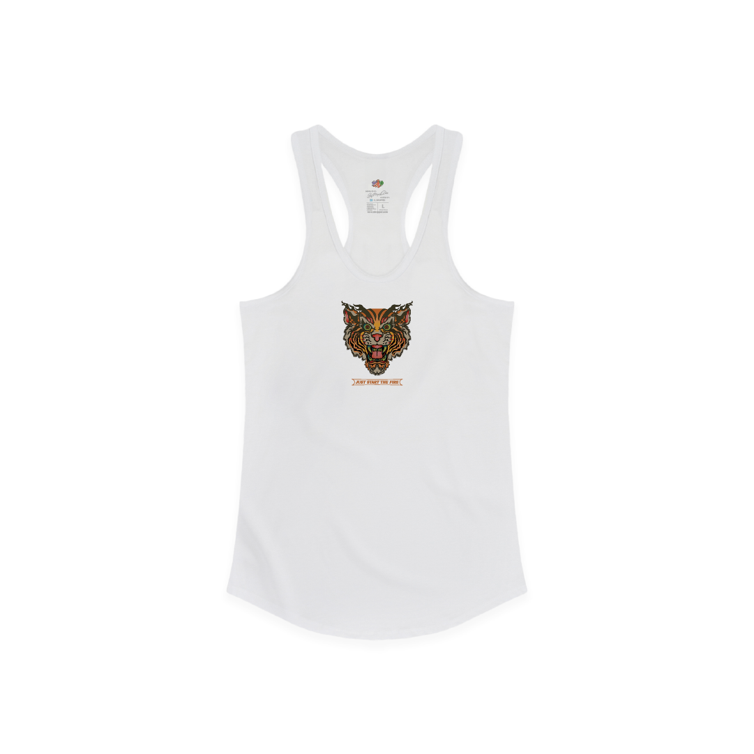 Womens White tank top with a graphic design on a white background