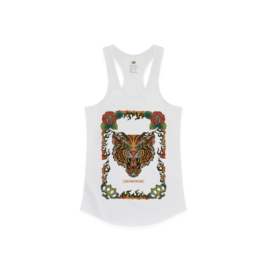 Womens White tank top with a tiger graphic design on a white background