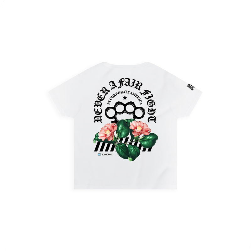 Rear view of a women's white high waisted t-shirt with a large black brass knuckle and 'Never a Fair Fight In Corporate America' text made from soft-washed, ring-spun, combed cotton.