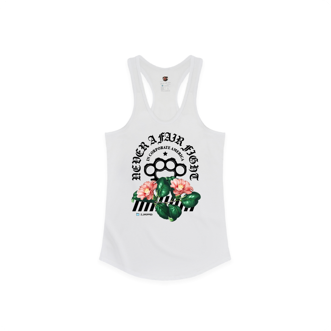Z_DROPPED - Womens - White - Fair Fight Racer Back Tank. - By: Chi Hom