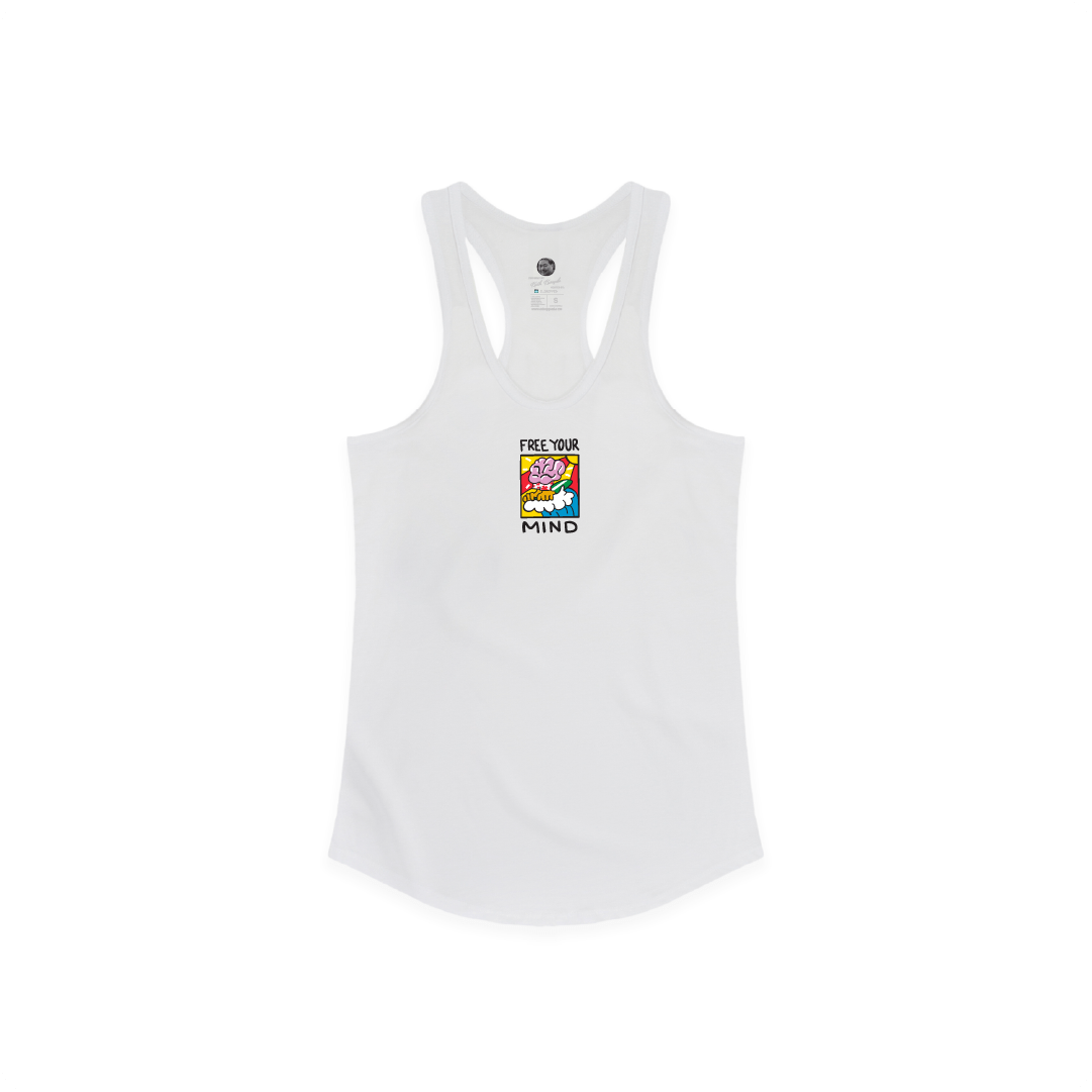 Front view of a white womens racer back tank with a small free your mind graphic on a white background
