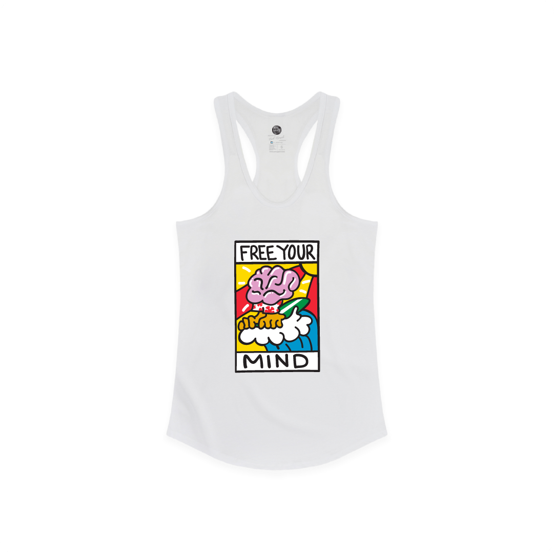 Front view of a womens white racer back tank with a small free your mind graphic on a white background