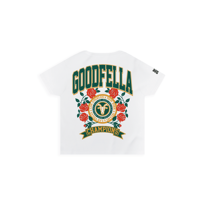 Rear view of a women's white high waisted shirt with a green and gold 'GOODFELLA CHAMPIONS' text roses and a G.O.A.T.