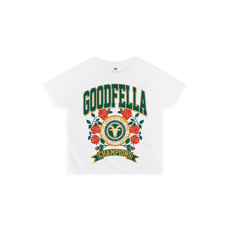 Front view of a women's white high waisted shirt with a green and gold 'GOODFELLA CHAMPIONS' text roses and a G.O.A.T.