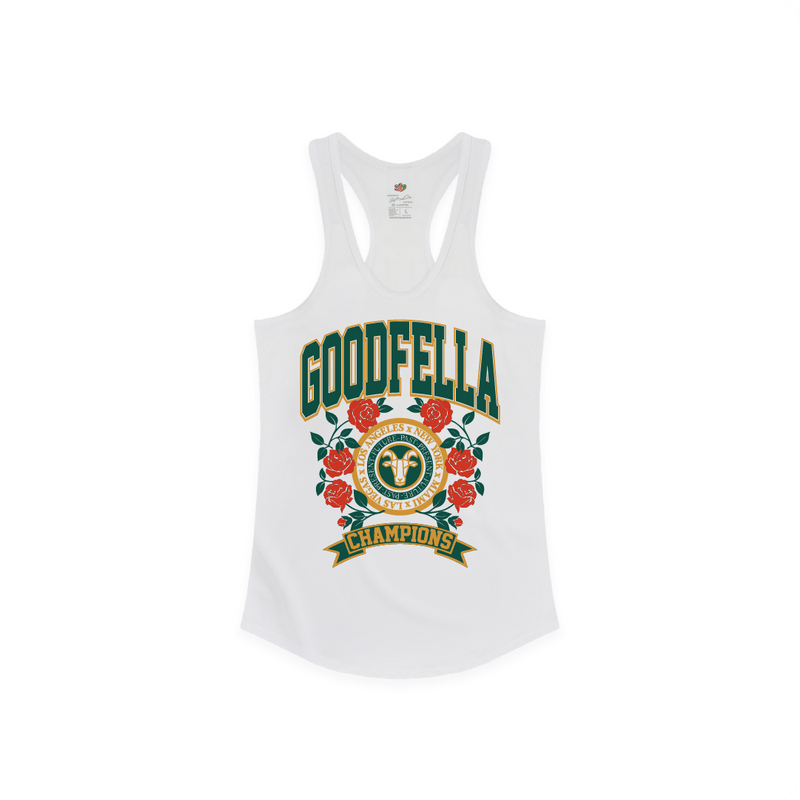 Front view of a women's white racer back tank top with a green and gold 'GOODFELLA CHAMPIONS' text roses and a G.O.A.T.