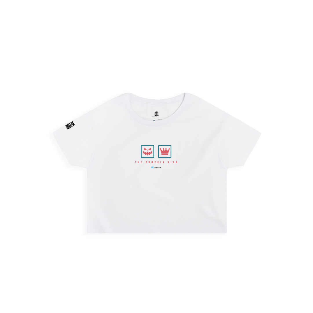 Front view of a womens white crop top shirt with two neon logos and text on a white background