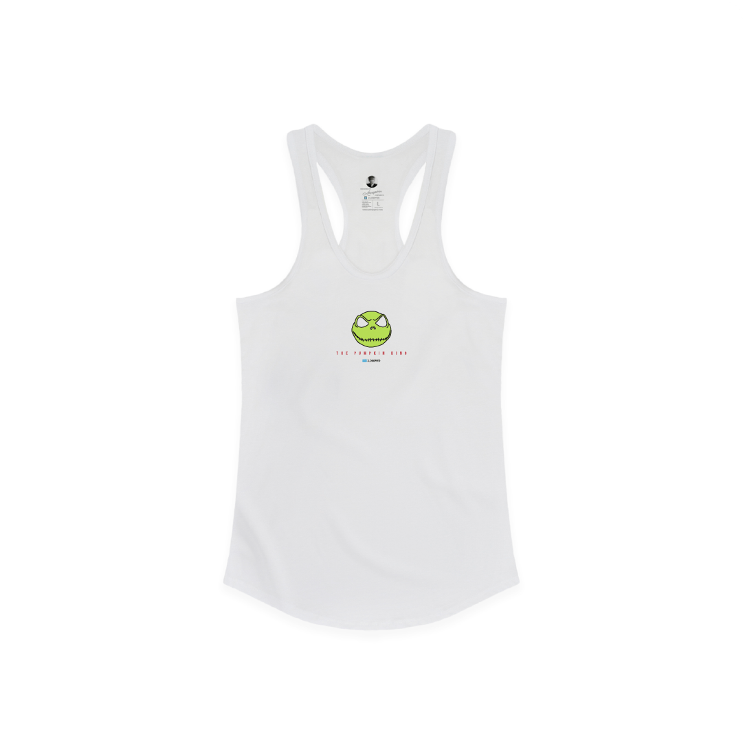 Front view of a white tank top with a neon green skeleton head on a white background