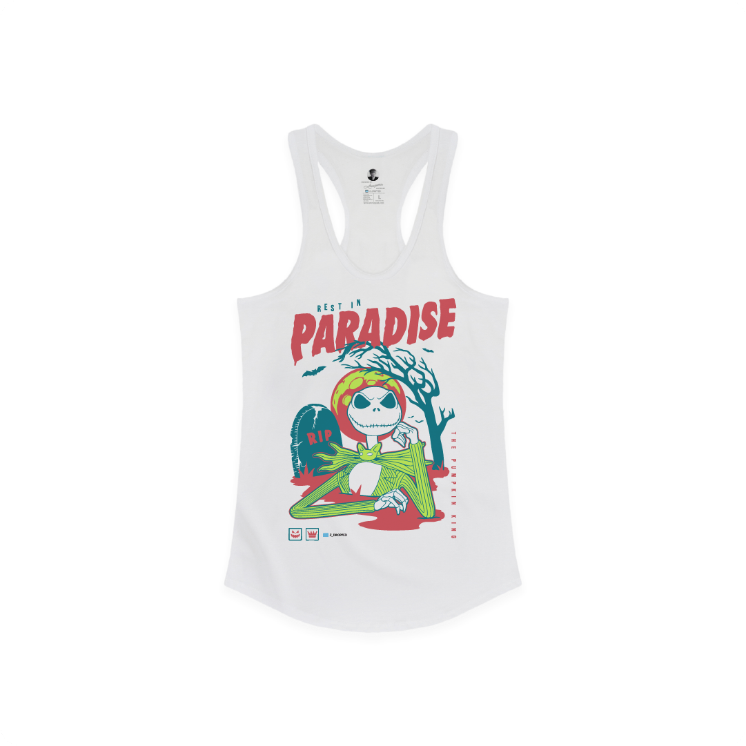 Front view of a white tank top with a skeleton and 'Rest in Paradise' text on a white background