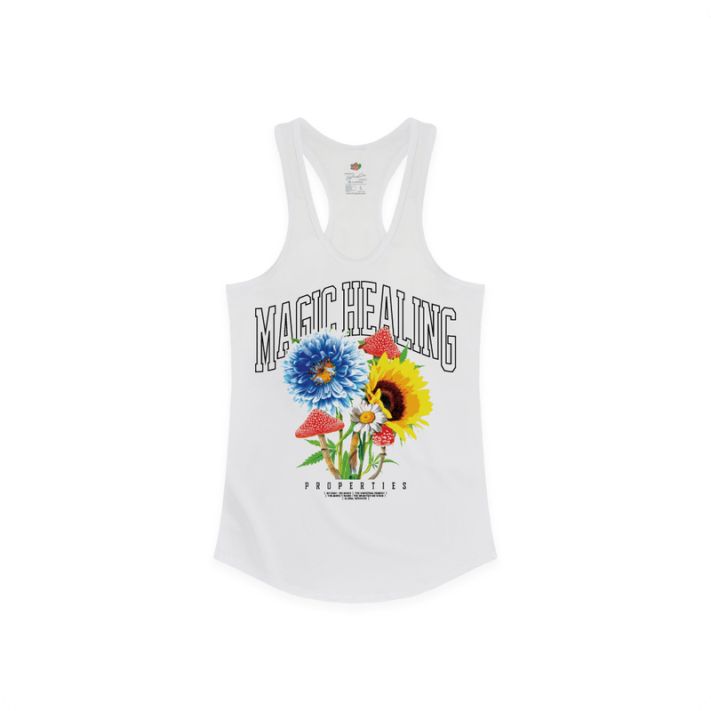 Front view of a women's white racer back tank top with flowers psychedelic mushrooms and large black 'MAGIC HEALING' text.