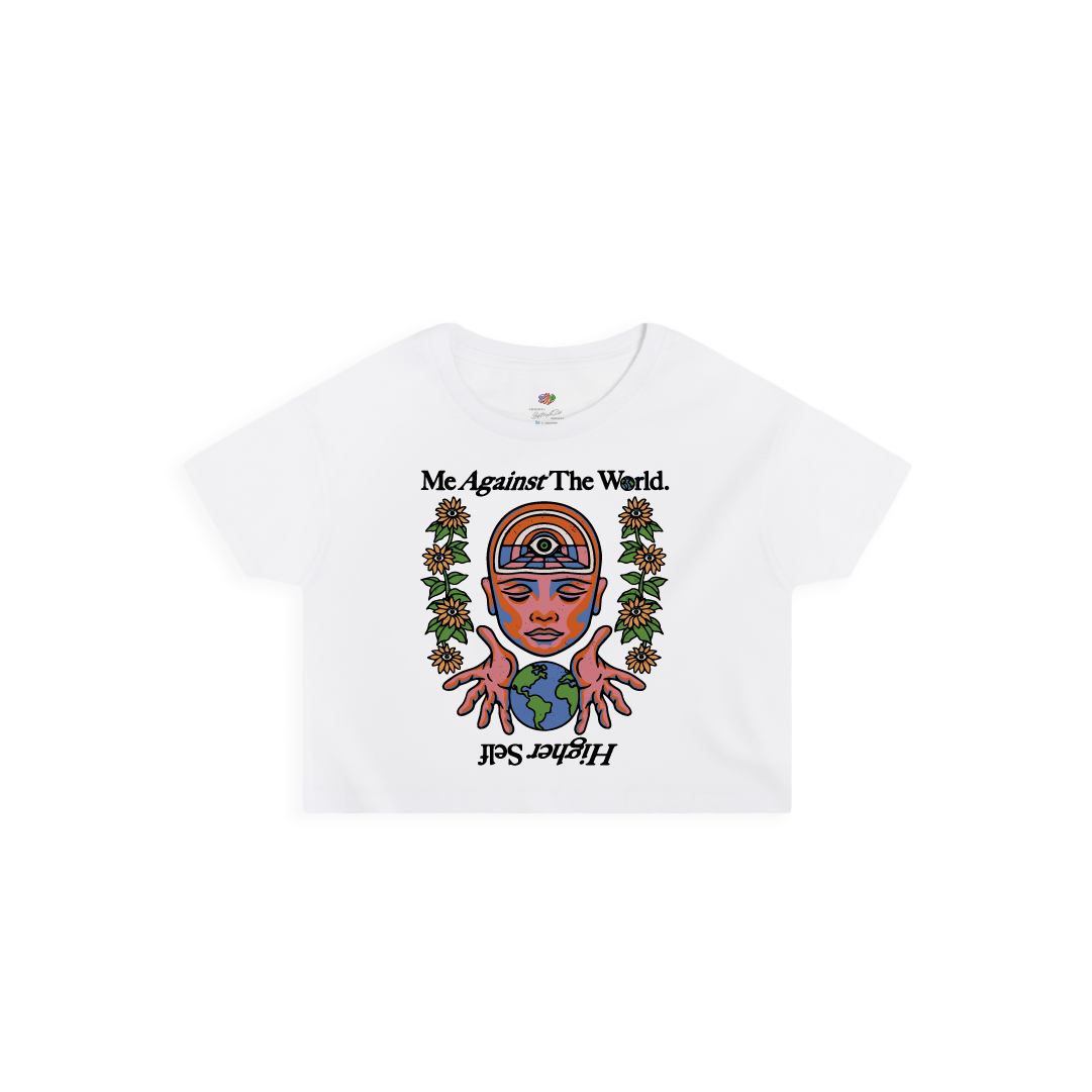 Front view of a womens white crop top t-shirt with graphic design and text on a white background