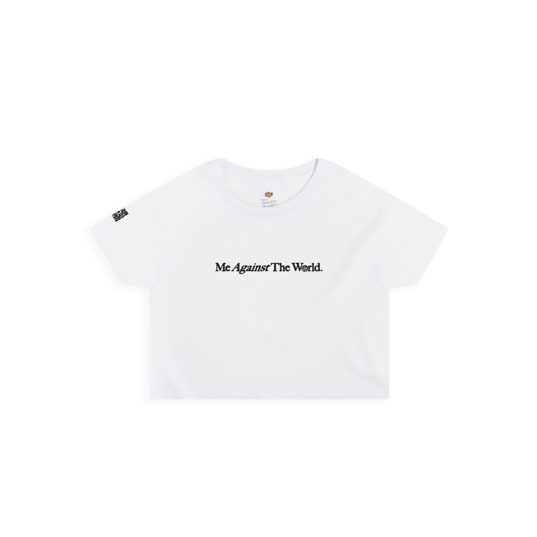Front view of a White crop top t-shirt with 'Me Against The World' text on a white background