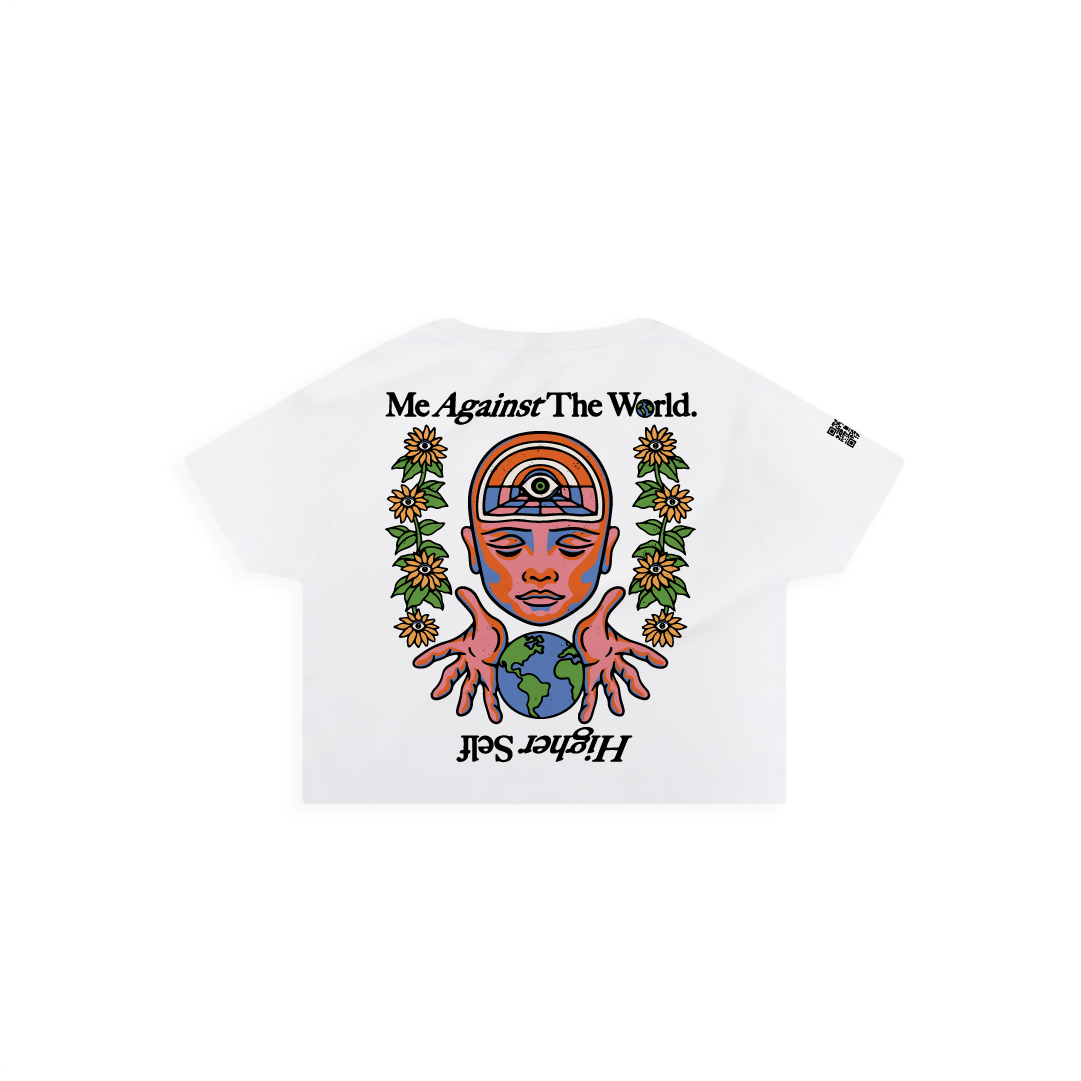 Rear view of a women White crop top  t-shirt with a colorful graphic design featuring text and symbols on a white background