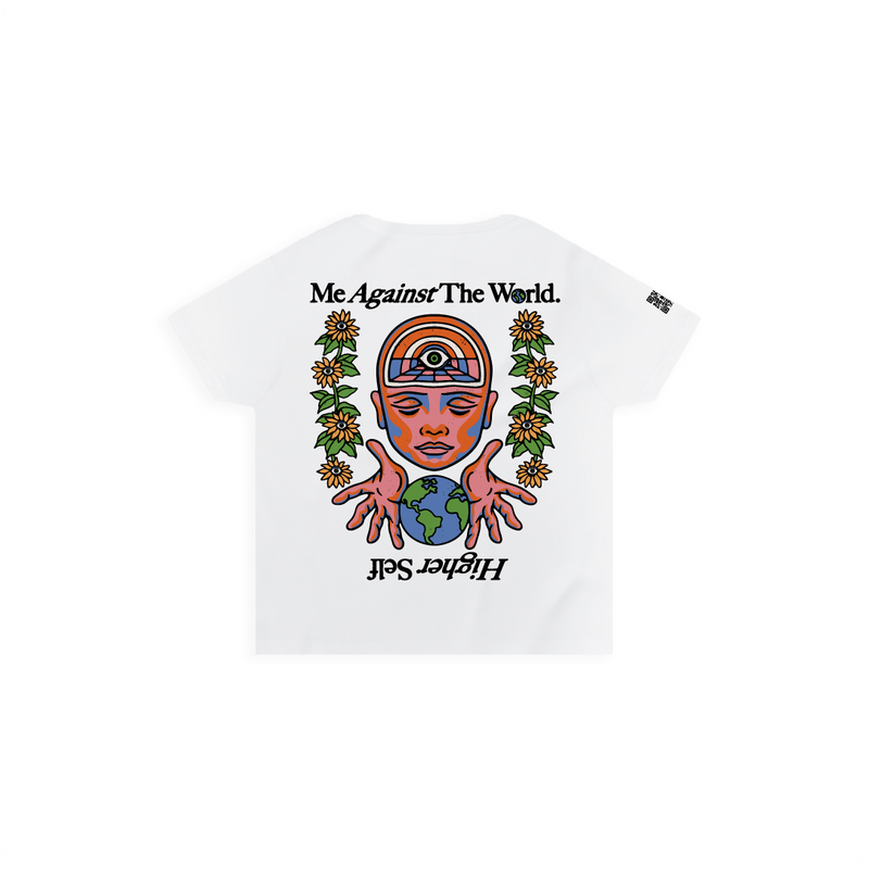 Rear view of a womens white high waist t-shirt with a graphic design featuring a face, hands, and text on a white background