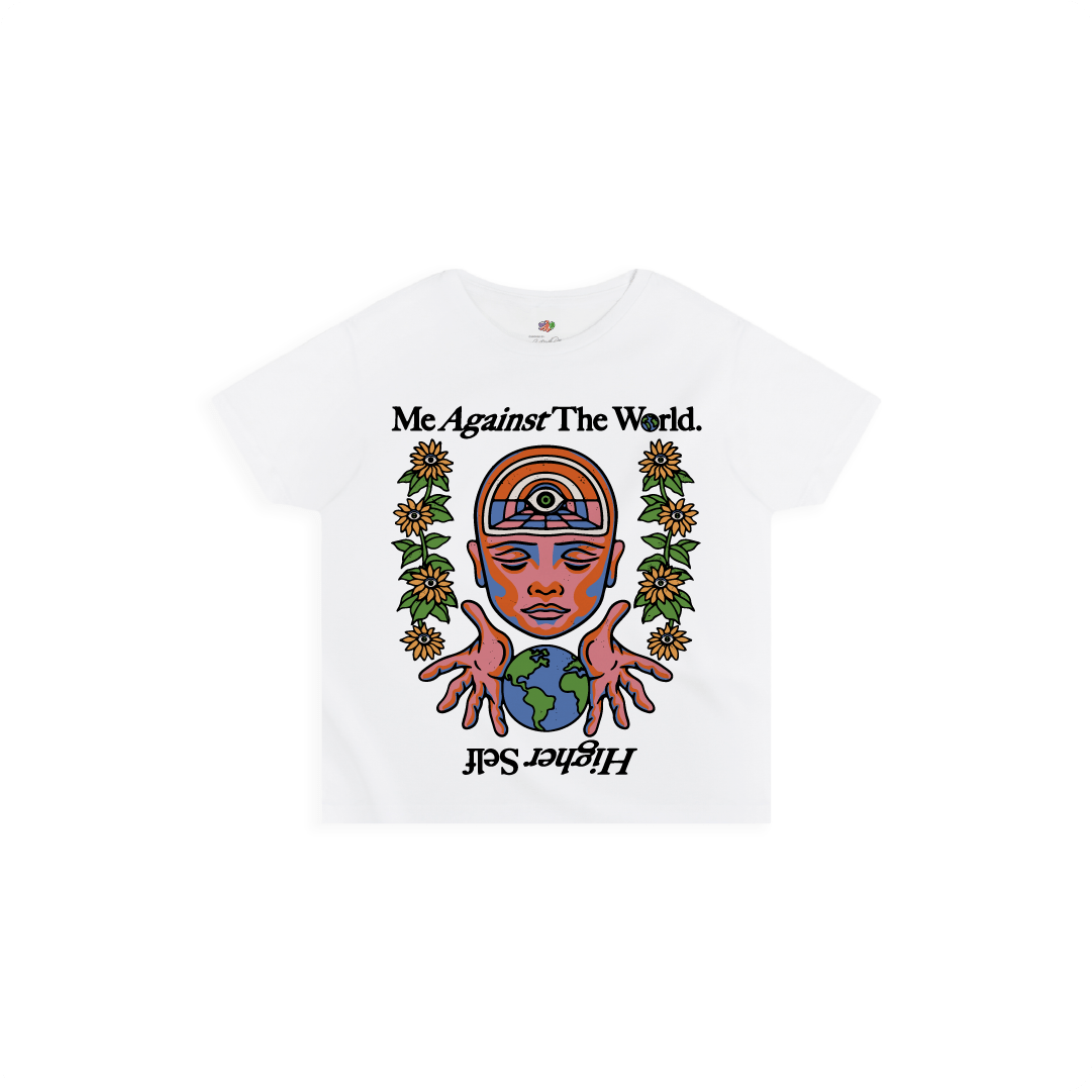 Front view of a womens white high waist t-shirt with a graphic design featuring text and symbols on a white background