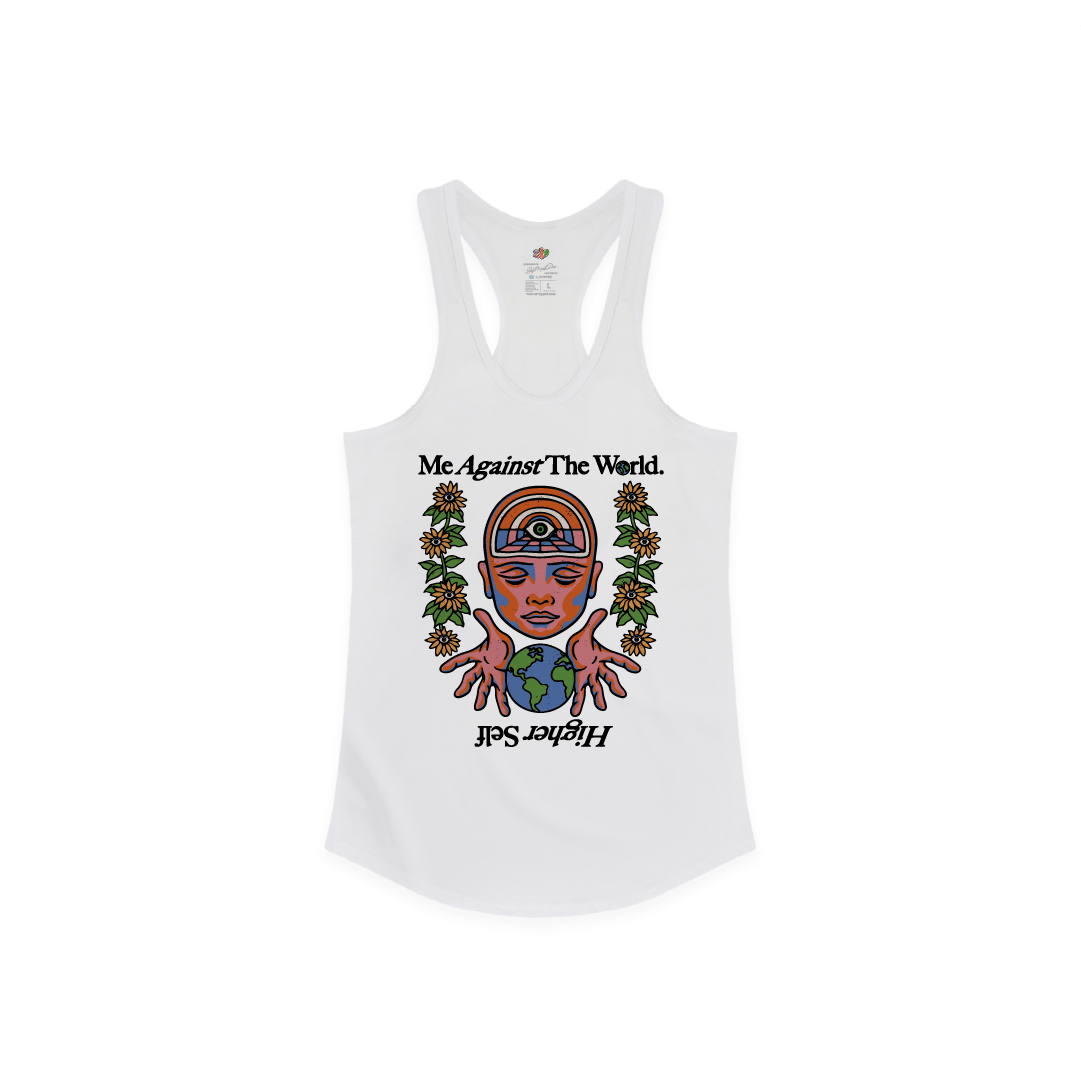 Front view of a womens white racerback tank top with a graphic design and text on a white background