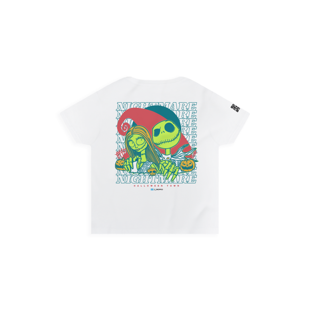 Rear view of a womens high waisted white t-shirt with a colorful neon skeleton cartoon couple and 'Nightmare' text on a white background