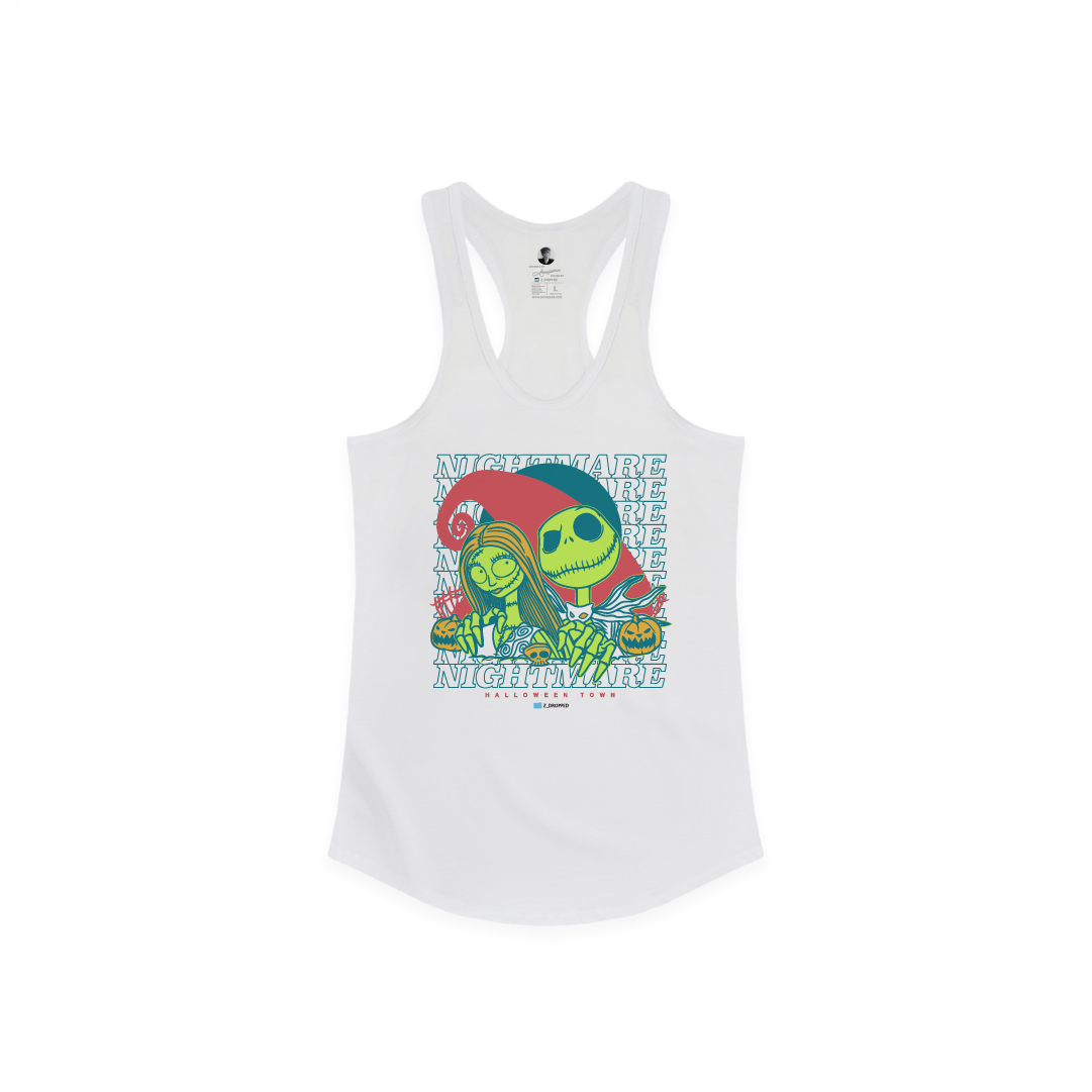 Front view of a white racer back tank top with two skeleton cartoon characters and 'Nightmare' text on a white background