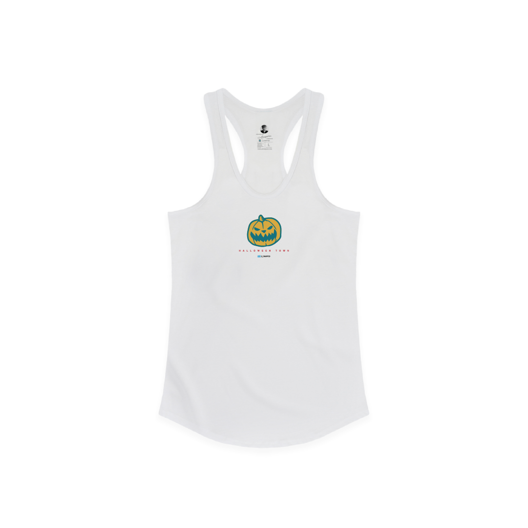 White racer back tank top with a pumpkin design on a white background