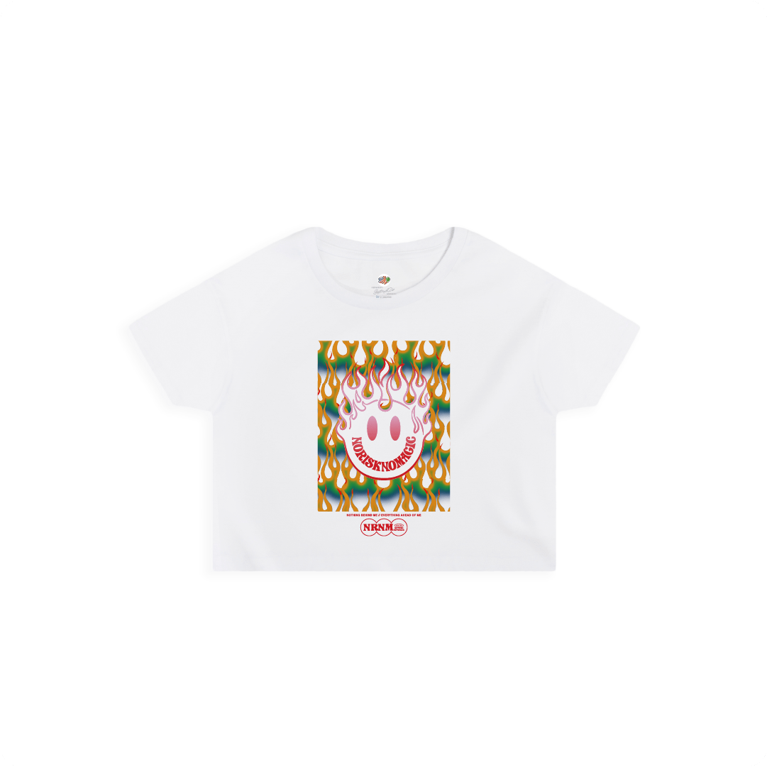 Frotn View of a White crop top with colorful flame graphic and smiley face design on a white background