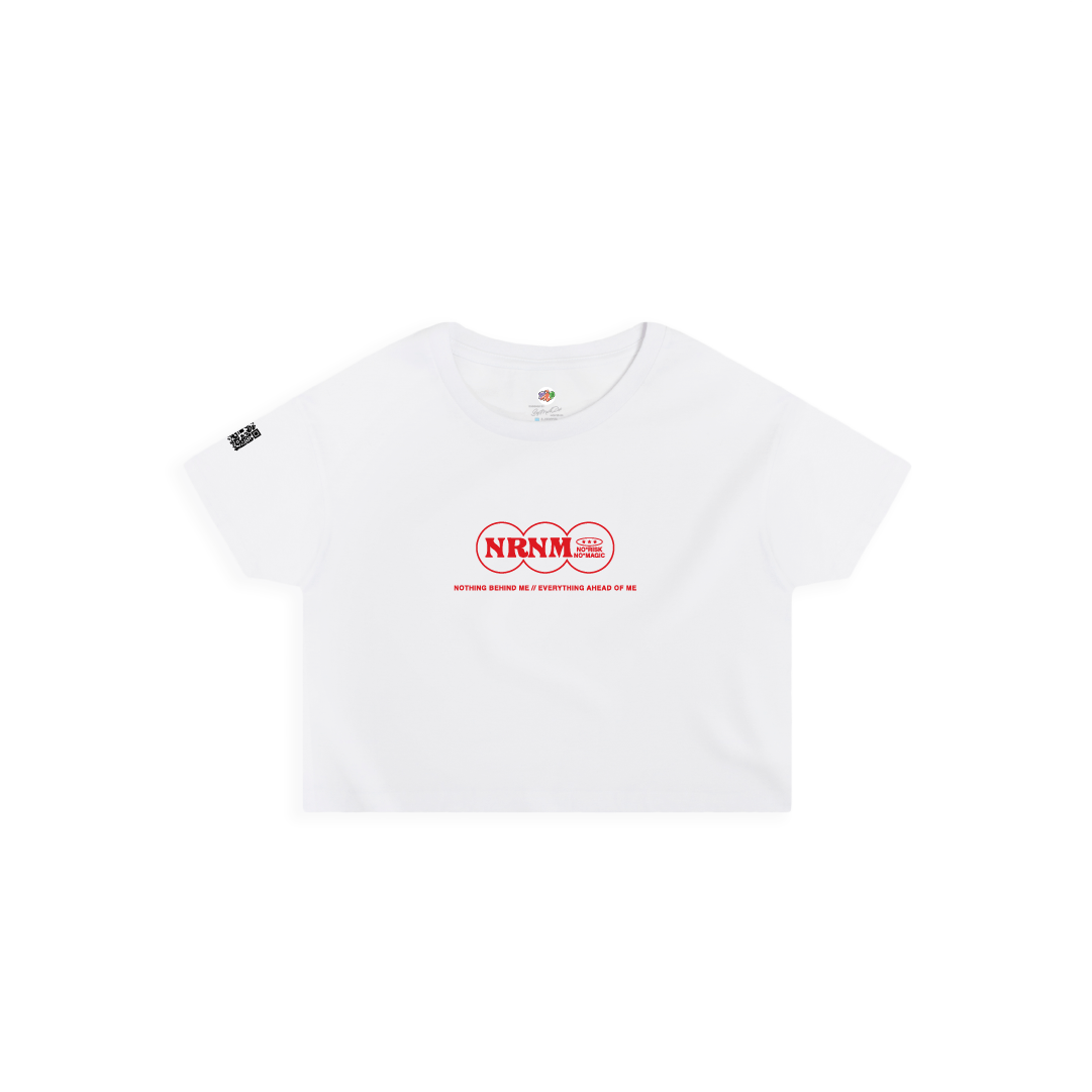 Front view of a  white crop top with a red no risk no magic logo on a white background