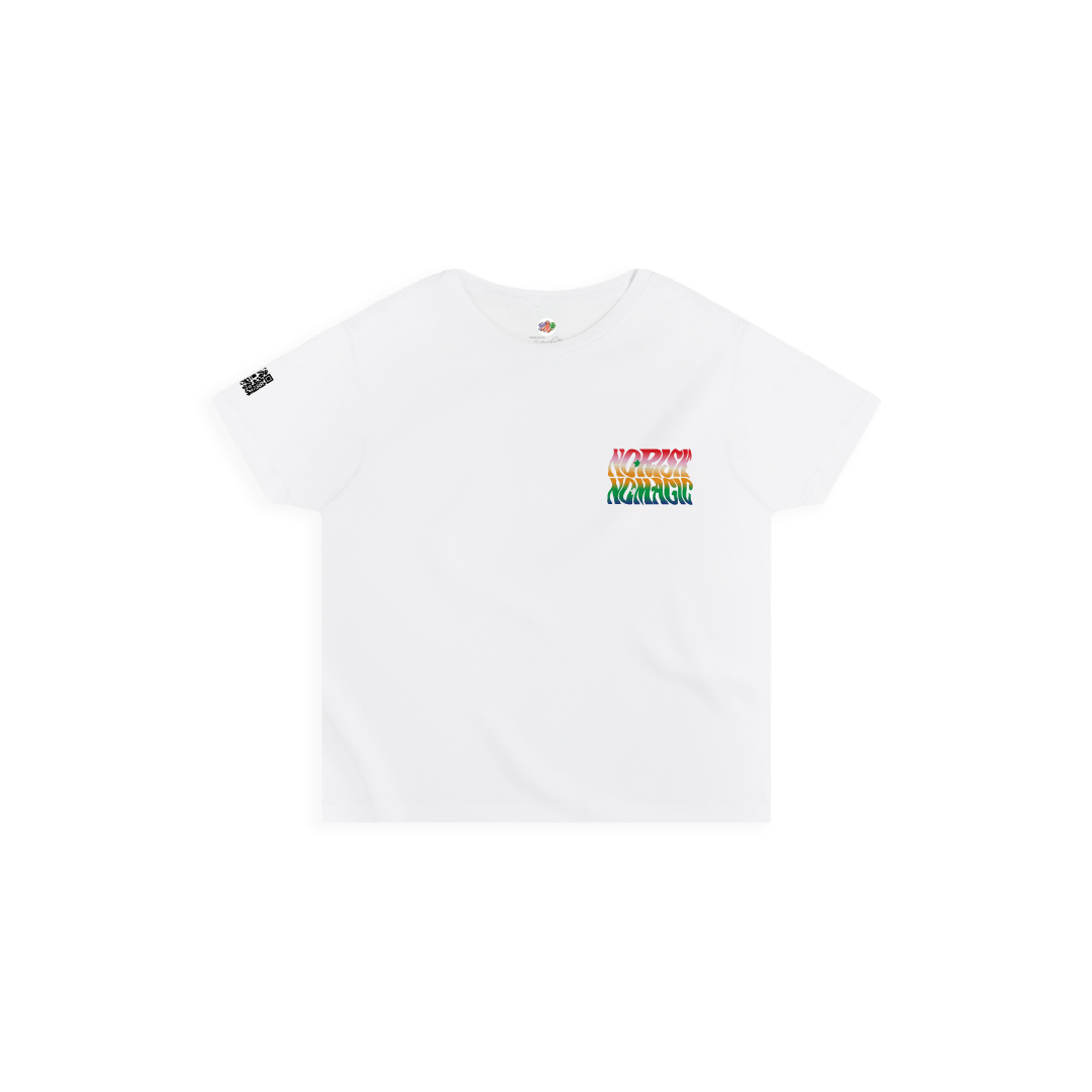 Front View of a White high waist t-shirt with colorful text saying no risk no magic on a white background