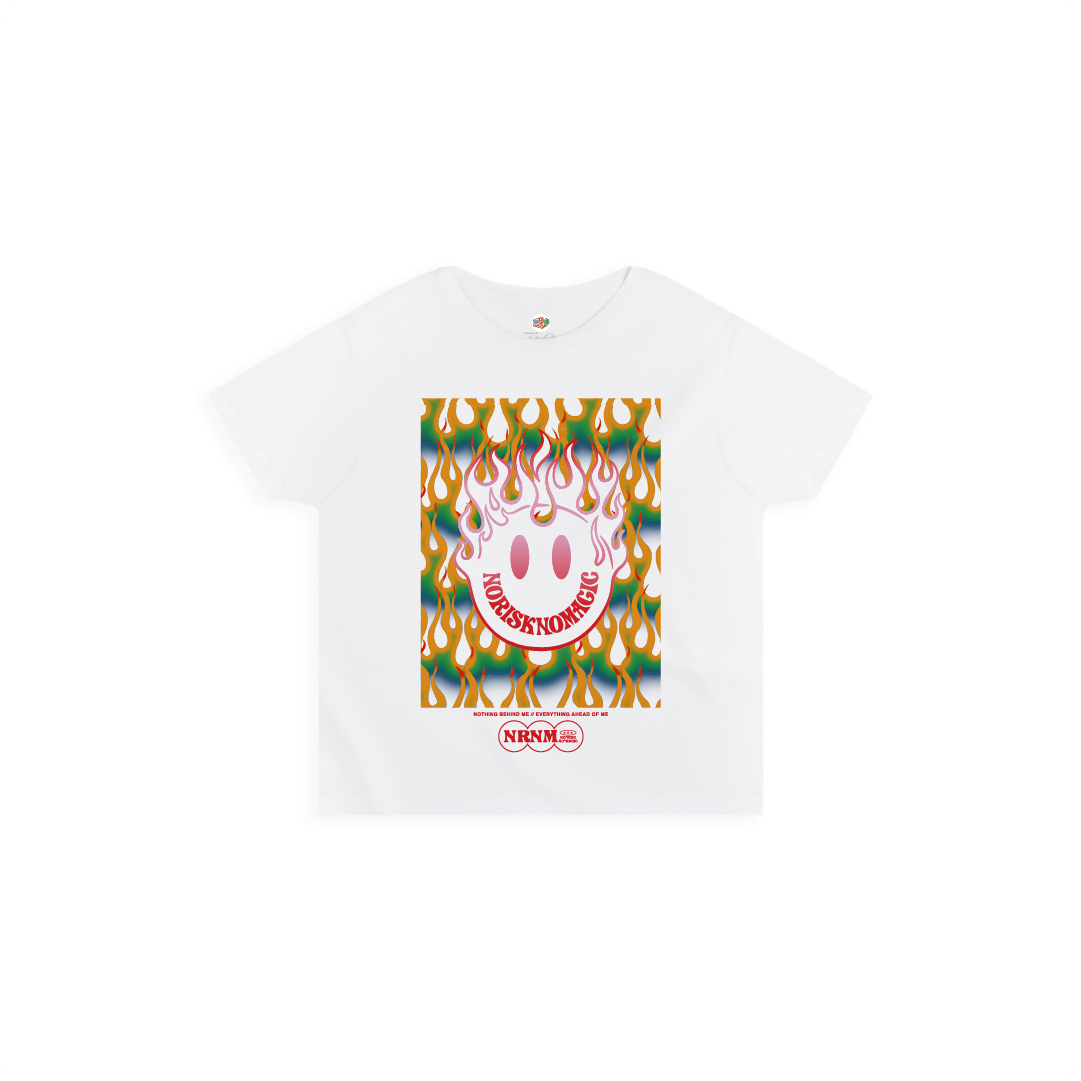 Front view of a womens high White t-shirt with colorful flame graphic with a smiley face design on a white background