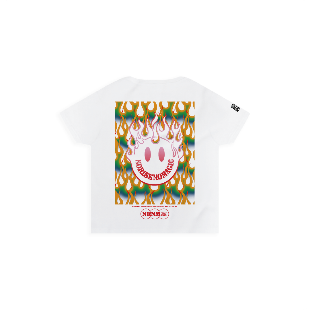 rear view of a White high waist t-shirt with colorful flames and smiley face graphic design on a white background