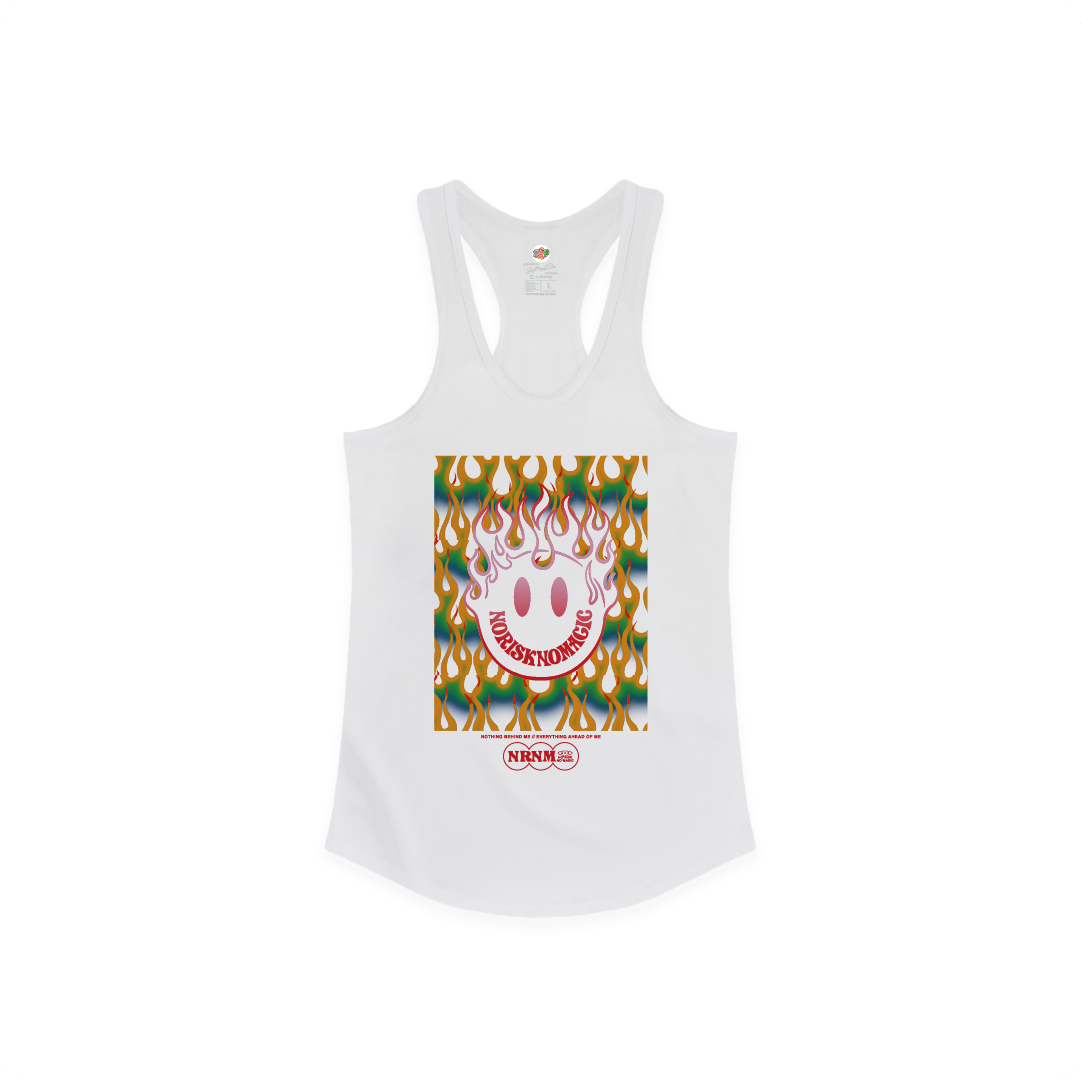 front view of a womens white racerback tank top with colorful flame and smiley face design on a white background