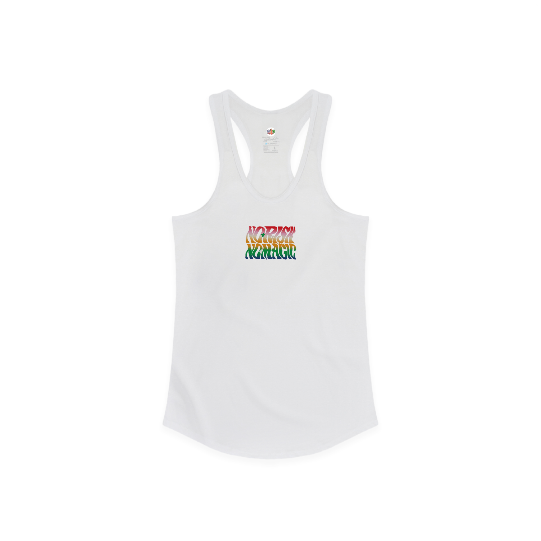 front view of a womens white racerback tank top with colorful no risk no magic text design on a white background