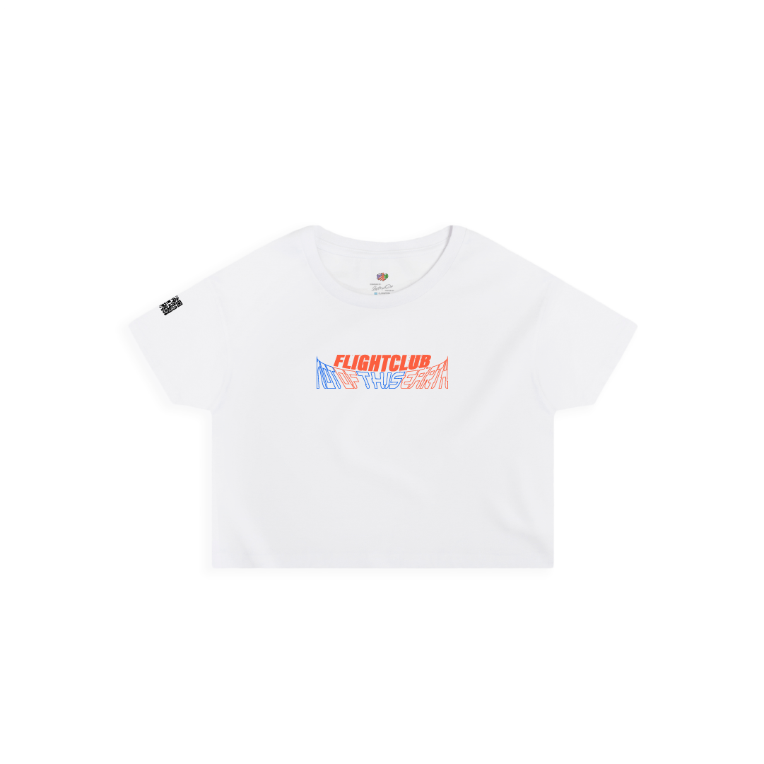White crop top t-shirt with colorful 'FLIGHT CLUB' logo on a white background
