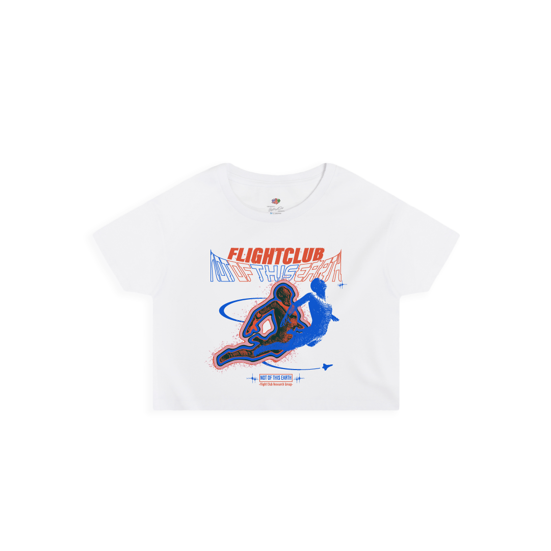 White crop top t-shirt with 'FLIGHTCLUB' graphic design on a white background