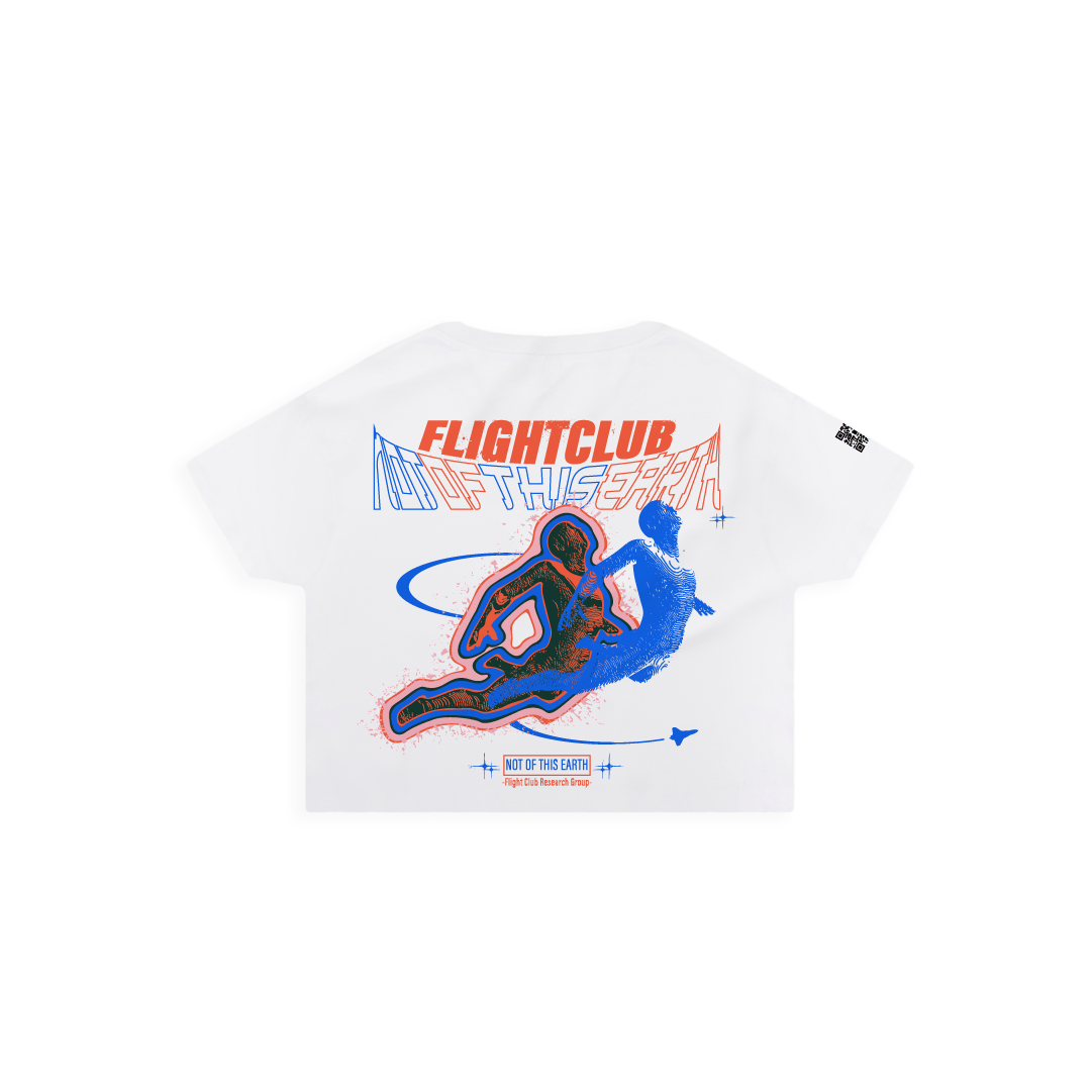 Fight Club crop top two abstract humanoid figures in motion, surrounded by orbit lines and cosmic elements. 