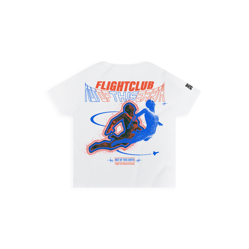 Rear view of a womens white high waist t-shirt with colorful graphic design and 'FLIGHT CLUB' text on a white background