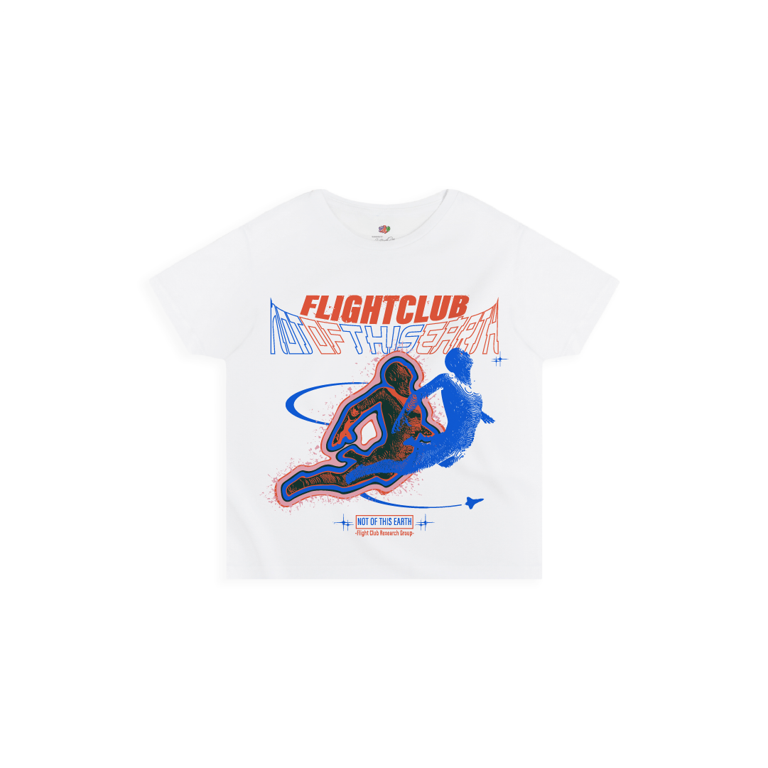 White high waist t-shirt with 'FLIGHTCLUB' graphic design on a white background