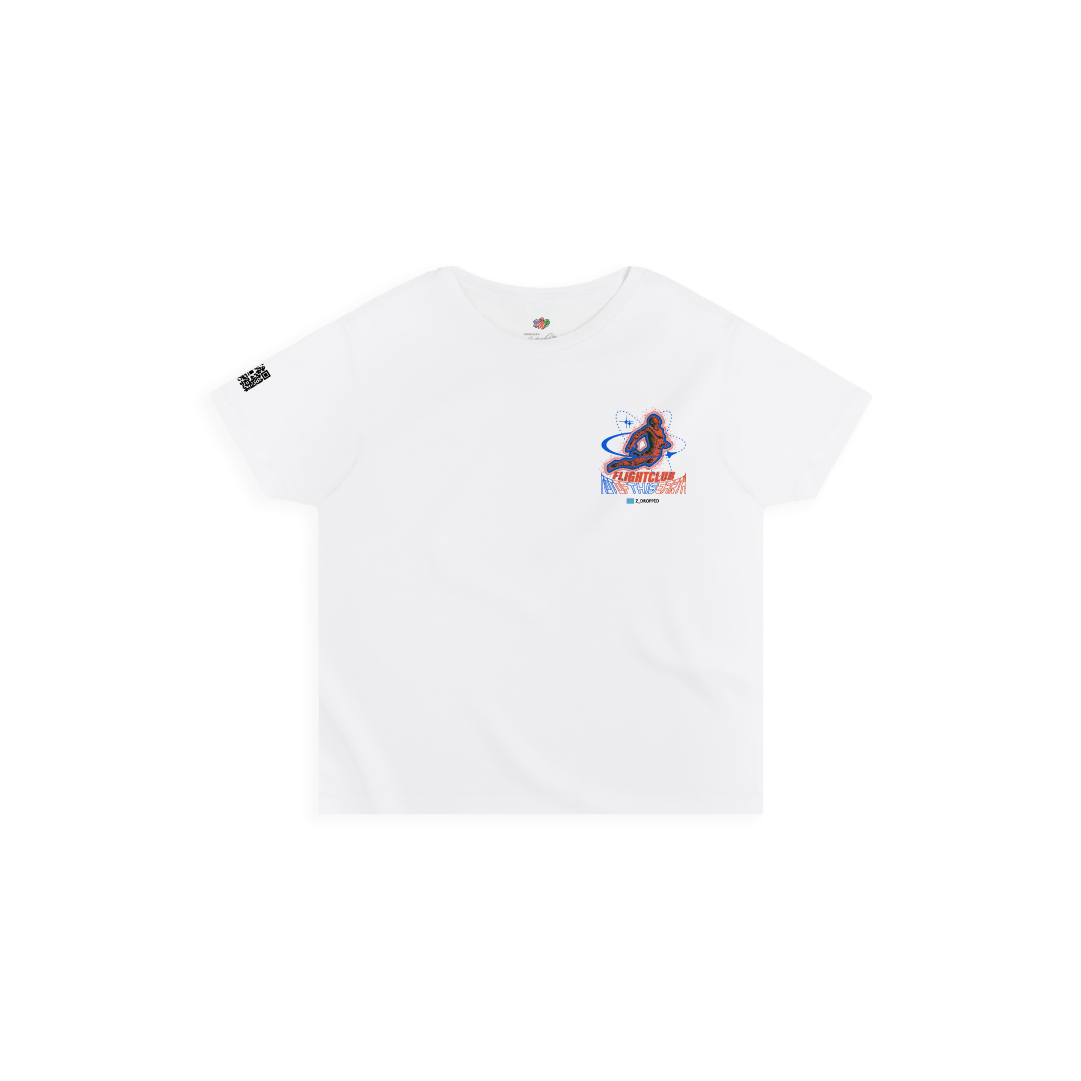 Front view of a womens White high waist t-shirt with a colorful graphic on a white background