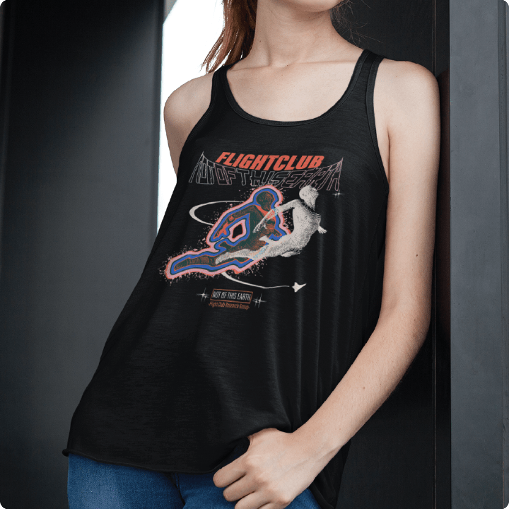 Person wearing a black tank top with 'Flight Club' graphic design.