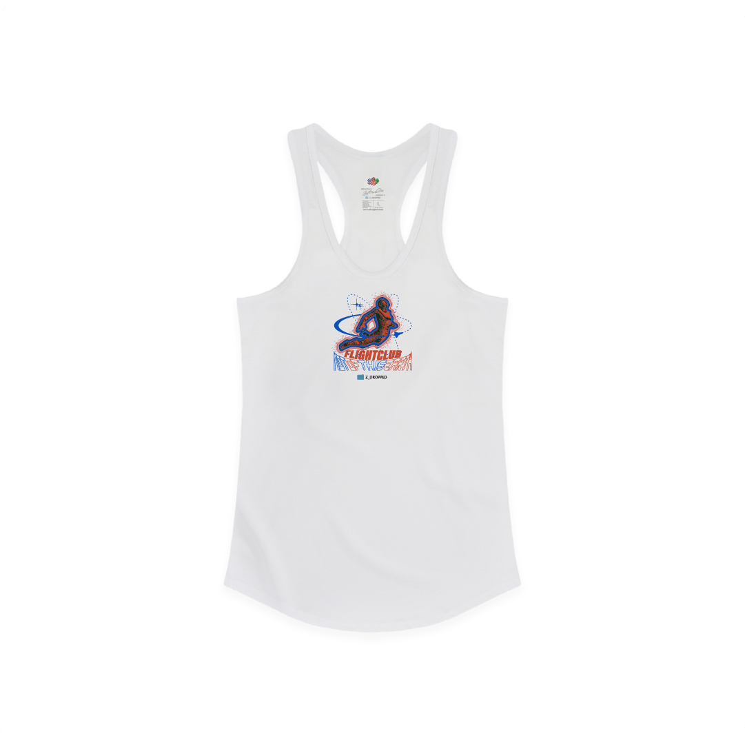 Front view of a womens white racerback tank top with a colorful graphic on a white background
