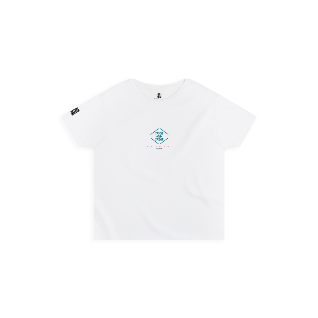 Front view of a white high waisted tee with a trick or treat logo on a white background